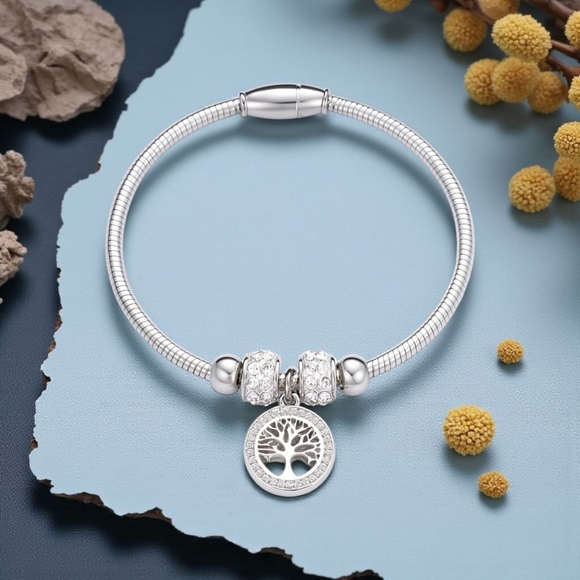 ๐๏ธ18K Gold Plated Stainless Steel Bangle with Tree of Life Charm FREE Earrings - Picture 8 of 14